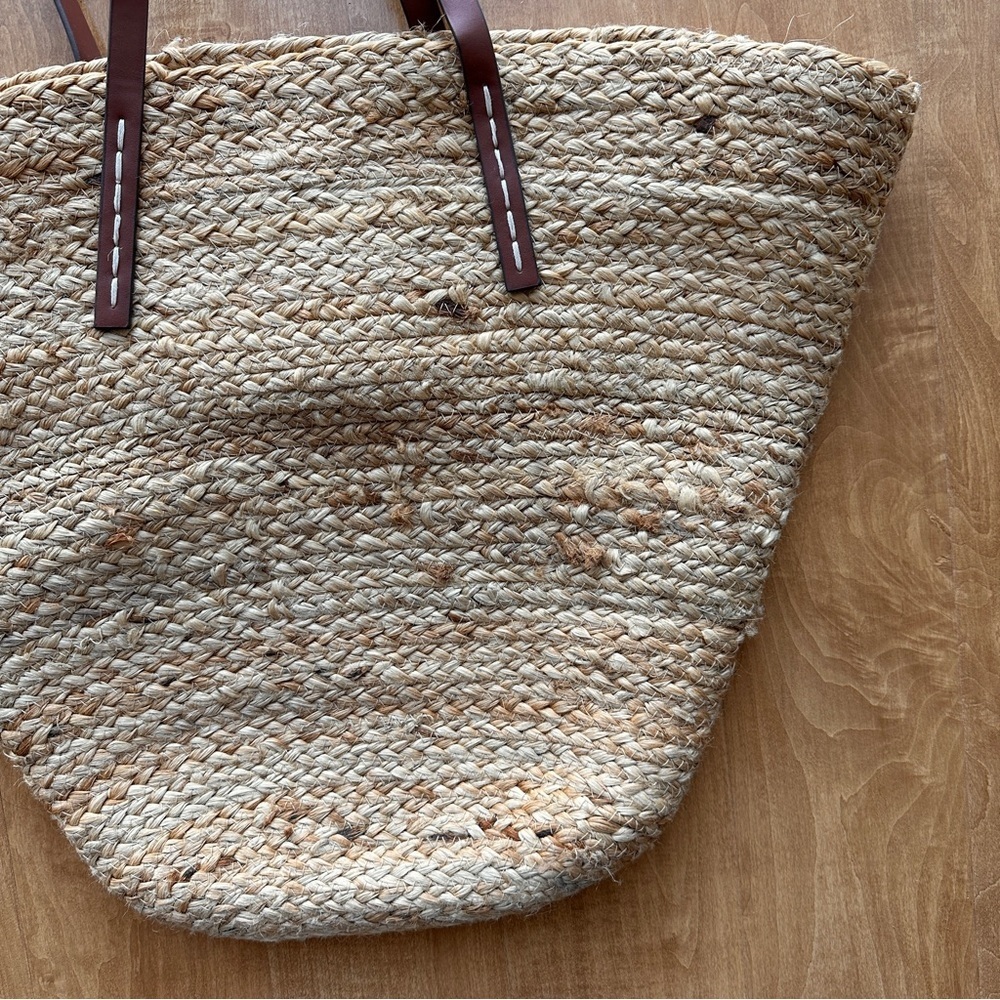 Mango Jute Basket Bag, Large Beach Tote, Drawstring Vacation Leather Handle Bag - Picture 4 of 15